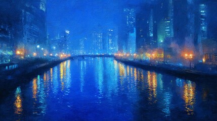 Dreamy moonlit city canal reflecting glowing urban lights in impressionistic watercolor style, abstract night scene with cool blue tones and atmospheric glow

