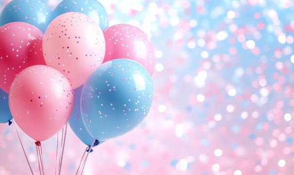 Pink and blue balloons and confetti background with copy space for festive gender reveal party or baby shower backdrop
