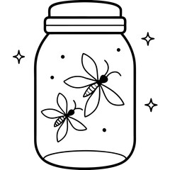 Fireflies in a jar line art vector illustration 