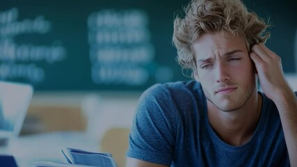 Contemplative student thoughtful young man at desk in classroom introspection - Powered by Adobe