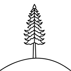 Lonely pine tree on hill line art vector illustration 