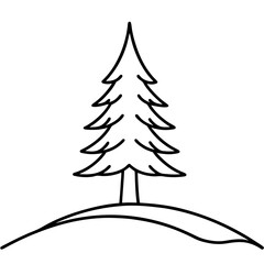Lonely pine tree on hill line art vector illustration 