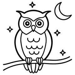 Owl on a branch at night line art vector illustration