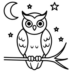 Owl on a branch at night line art vector illustration