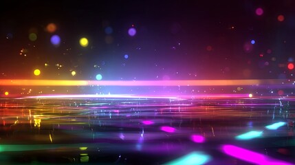Dynamic neon-lit dance floor scene with abstract light trails, vibrant gradients, atmospheric club lighting, and glowing particles in blurred background