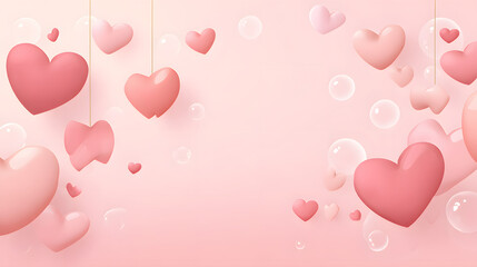 A soft pink background with small heart shapes and large bubbles, creating an elegant romantic atmosphere