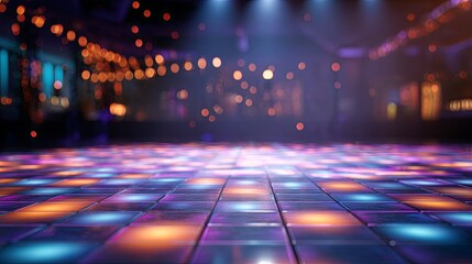 Dynamic neon-lit dance floor scene with abstract light trails, vibrant gradients, atmospheric club lighting, and glowing particles in blurred background
