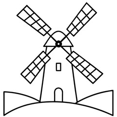 Windmill in green field line art vector illustration