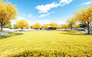 Fotobehang Sunny landscape with yellow flowers © Irfan