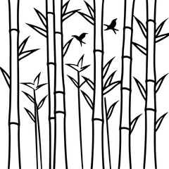Bamboo with bird line art vector illustration