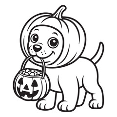 Adorable Puppy Wearing Pumpkin Costume Holding a Trick-or-Treat Basket – Cute Halloween Coloring Page