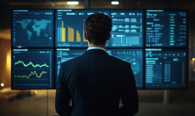 Back of a businessman in front of professional key performance indicator KPI metrics dashboard with screens and charts for sales and business results evaluation and KPI