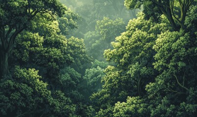 Seamless pattern background of a lush forest scene with a dense canopy of trees in various shades of the green tranquility of nature