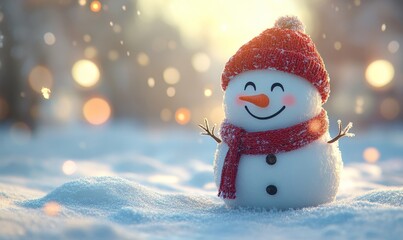 Winter holiday christmas background banner with cute funny laughing snowman with wool hat and scarf, on snowy snow snowscape and bokeh light