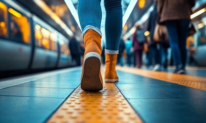 Commuter legs walking next to a suburban train, people taking public transportation between home and work