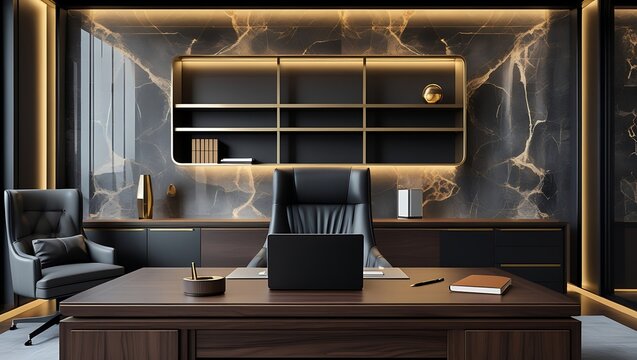 High-end office interior background with refined desk, matte laptop, and leather-bound notebook for business video calls
