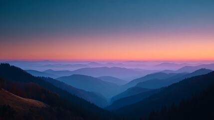 Obraz premium Serene mountain landscape at sunrise with warm atmospheric light and tranquil scenery in early morning nature