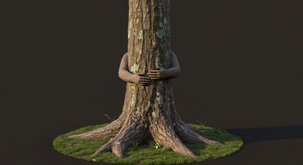 Tree Hugging with Human Hands on Grassy Mound
