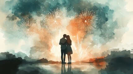 Obraz premium A couple embraces while watching colorful fireworks in the night sky, surrounded by reflections and a dreamy, romantic atmosphere.