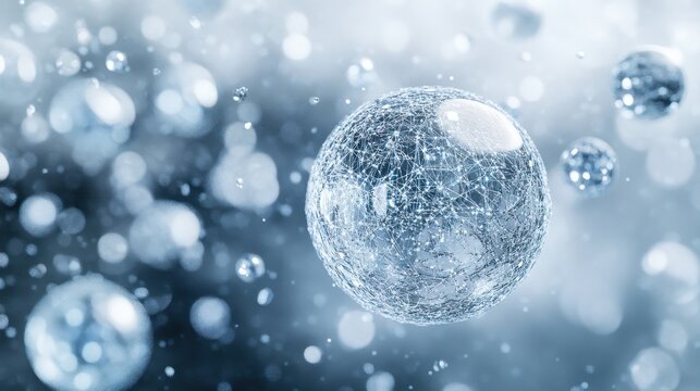 Nano Particles. Sphere Hologram on Blue Grey Background with Abstract Sphere Shapes