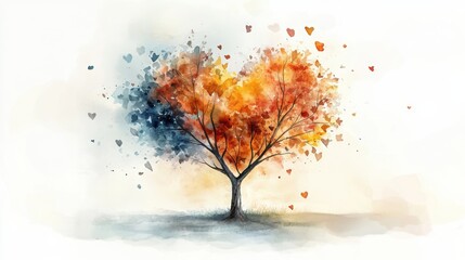 A tree with heart-shaped, colorful leaves forms a heart silhouette, painted in a dreamy watercolor style.