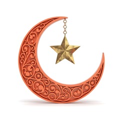 Ornate Peach Crescent Moon with Golden Star Hanging by Chain for Islamic Celebration