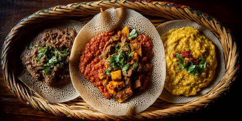 ethiopian injera with colorful wot stews top view