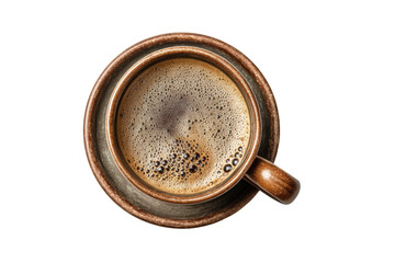 PNG Top view of rich brown coffee cup with bubbles on black background