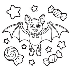 Smiling Bat Flying Among Stars and Candy - Halloween Line Art Coloring Page