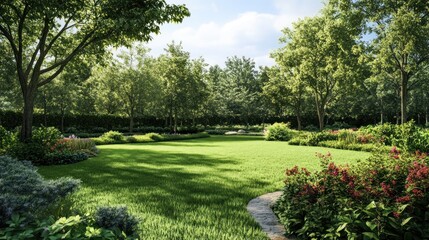 Naklejka premium Lush green garden with vibrant flowers, trees, and a stone path.