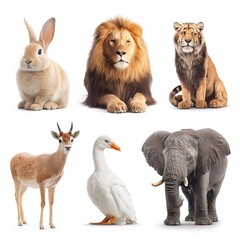 Animal kingdom wildlife photography featuring lion rabbit elephant goose gazelle and tiger isolated on white