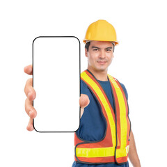 Construction worker wearing safety helmet and reflective vest showing blank smartphone screen, isolated on a transparent background, promoting mobile app or digital service in construction industry