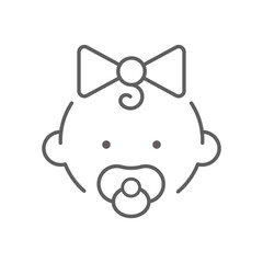 Baby girl with pacifiers line icon. Simple outline style. Infant face with pacifier and small curl. Ideal for childcare, newborn products. Editable stroke