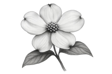 Obraz premium Realistic pencil drawing of a dogwood flower with detailed petals and leaves, isolated on a transparent background