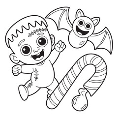 Frankenstein Boy with Candy Cane and Bat – Cute Halloween Coloring Page