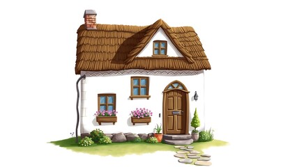 Quaint House with Flower Boxes and Stone Pathway