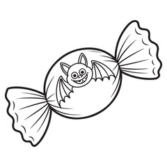 Wrapped Halloween Candy with Flying Bat Inside – Festive Halloween Treats Coloring Illustration