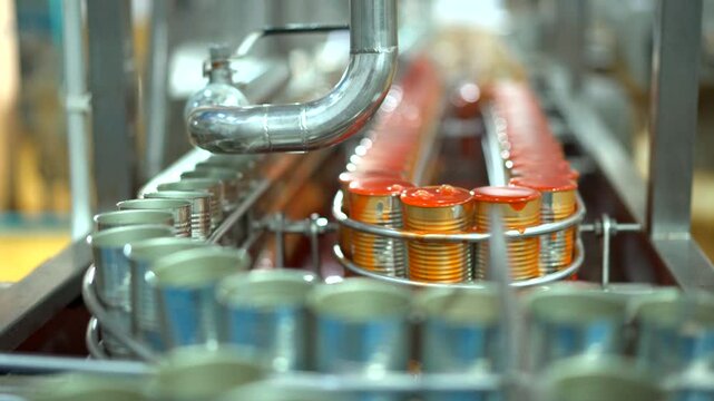 Aluminum cans for canned fish are being transported on a production line for sterilization and cooking. 