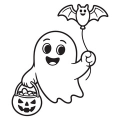 Fototapeta premium Happy Ghost Trick-or-Treating with Pumpkin Bucket and Bat Balloon – Halloween Coloring Sheet for Children