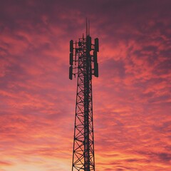 Naklejka premium Sunset sky highlights a towering communication antenna against vibrant clouds