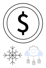 Dollar coin at top, snowflake design, cloud gear with documents below, representing money, technology, data, cold, innovation and cloud systems. Ideal for finance tech data management