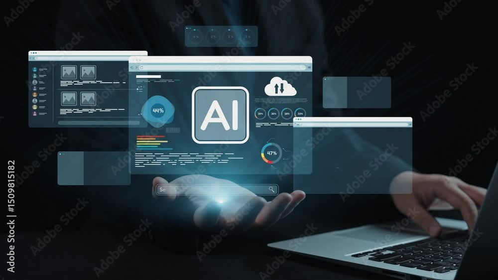 Poster a person interacts with a sleek digital interface showcasing ai concepts and performance metrics. th