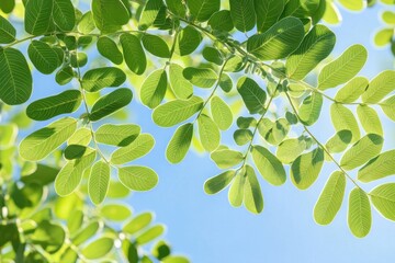 Obraz premium Sunshine filters through the lush green sophor leaves on a bright day, Low-angle shot of sunshine through the green sophora tree leaves
