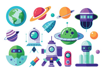 Naklejka premium Vibrant Space Exploration Icons Planets, Rockets, UFOs, and Alien for Design Projects