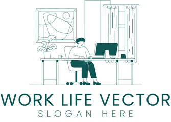 Modern Person Working Home Office Vector art desk 