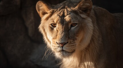 Fototapeta premium Majestic lioness portrait, fierce gaze under the soft sunlight illumination