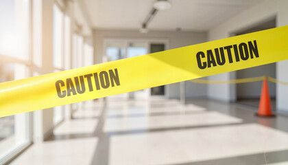 Caution tape across hallway with warning cone in modern interior  