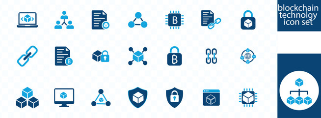 Blockchain technology icon set.blockchain, node, distribution, decentralized finance, encryption, tokens, white paper and wallet icon