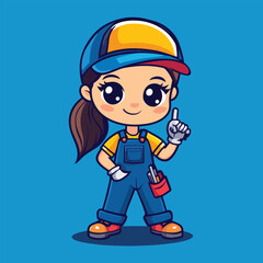 Fototapeta premium Cheerful Cartoon Mechanic Pointing Upwards with Tools in Pocket Smiling