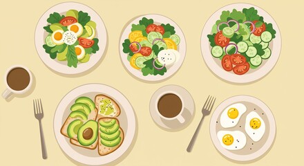 Enjoying Delicious Breakfast with Toast, Salad and Eggs